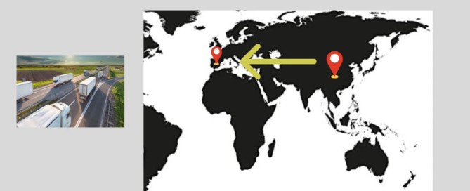 Mapa mundi en la que mediante una flecha se unen los puntos de China y España, en emdio se peude ver un camión pues se trata de una servicio terrestre entre ambos países